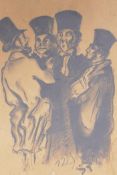 A charcoal drawing of a group of clerics, in the manner of Daumier, 48 x 57cm