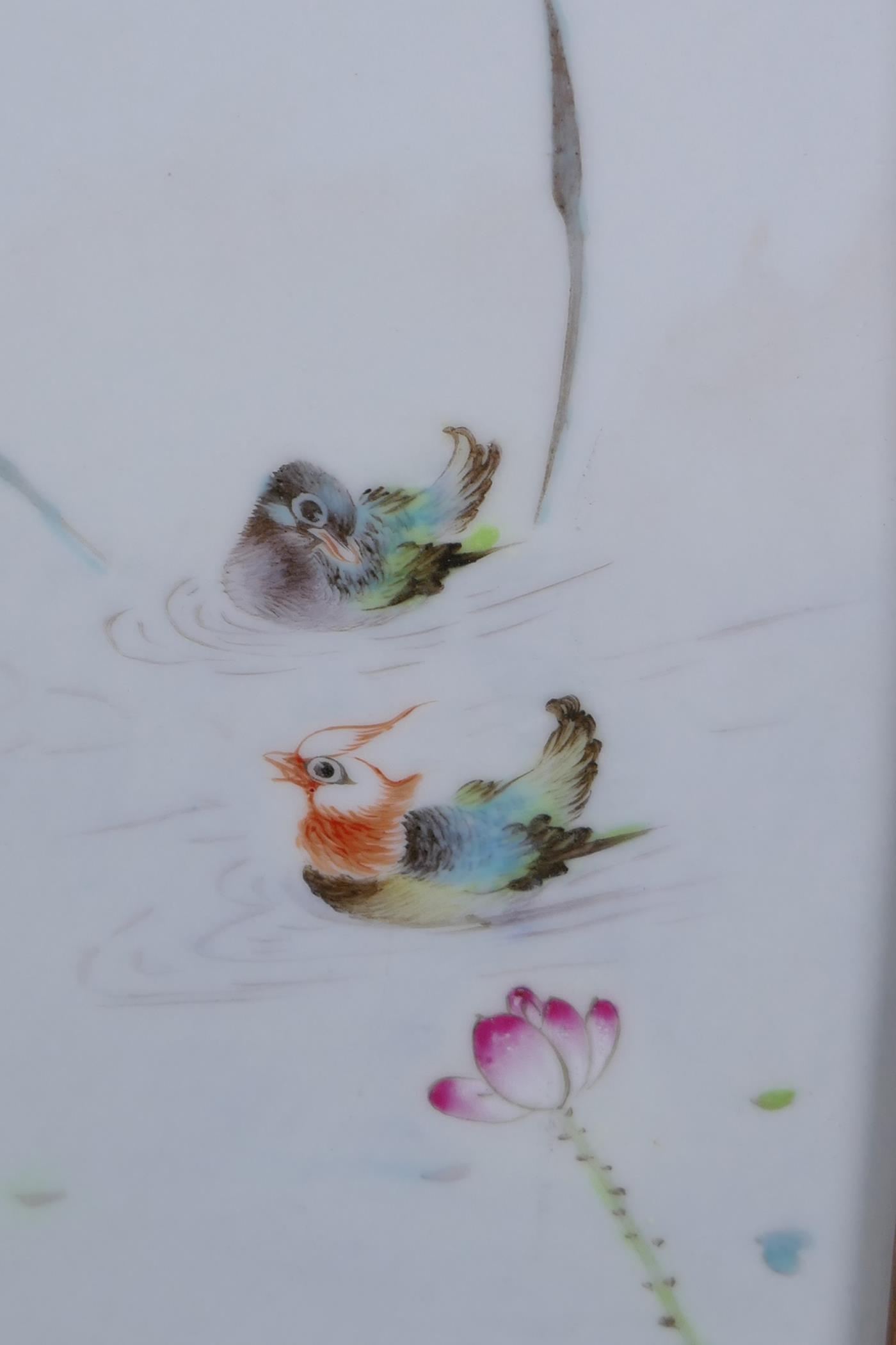 A Chinese Republic period polychrome porcelain panel depicting waterfowl in a lotus pond, mounted in - Image 3 of 4