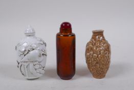 A Chinese gold fleck amber glass snuff bottle, a blanc de chine snuff bottle with crane