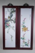 A pair of Chinese Republic style porcelain panels with polychrome insect and flower decoration, in