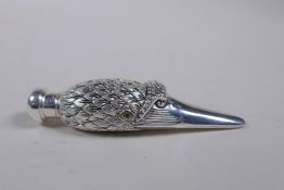 A white metal scent bottle in the form of a duck's head, stamped 800, 9cm long
