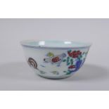 A Doucai porcelain chicken bowl, Chinese Chenghua 6 character mark to base, 9cm diameter