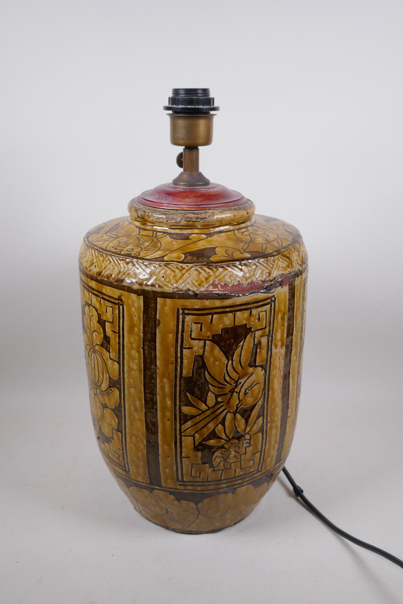 A C19th Chinese Cizhou kiln pottery jar, with decorative floral panels and bats, converted to a - Image 2 of 5