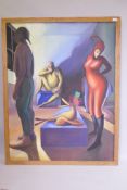 Surrealist style interior with figures, oil on canvas, monogrammed and dated '91, 95 x 123cm