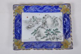 A late C19th/early C20th Chinese export ware porcelain dish, with gilt lobed rim, decorative famille