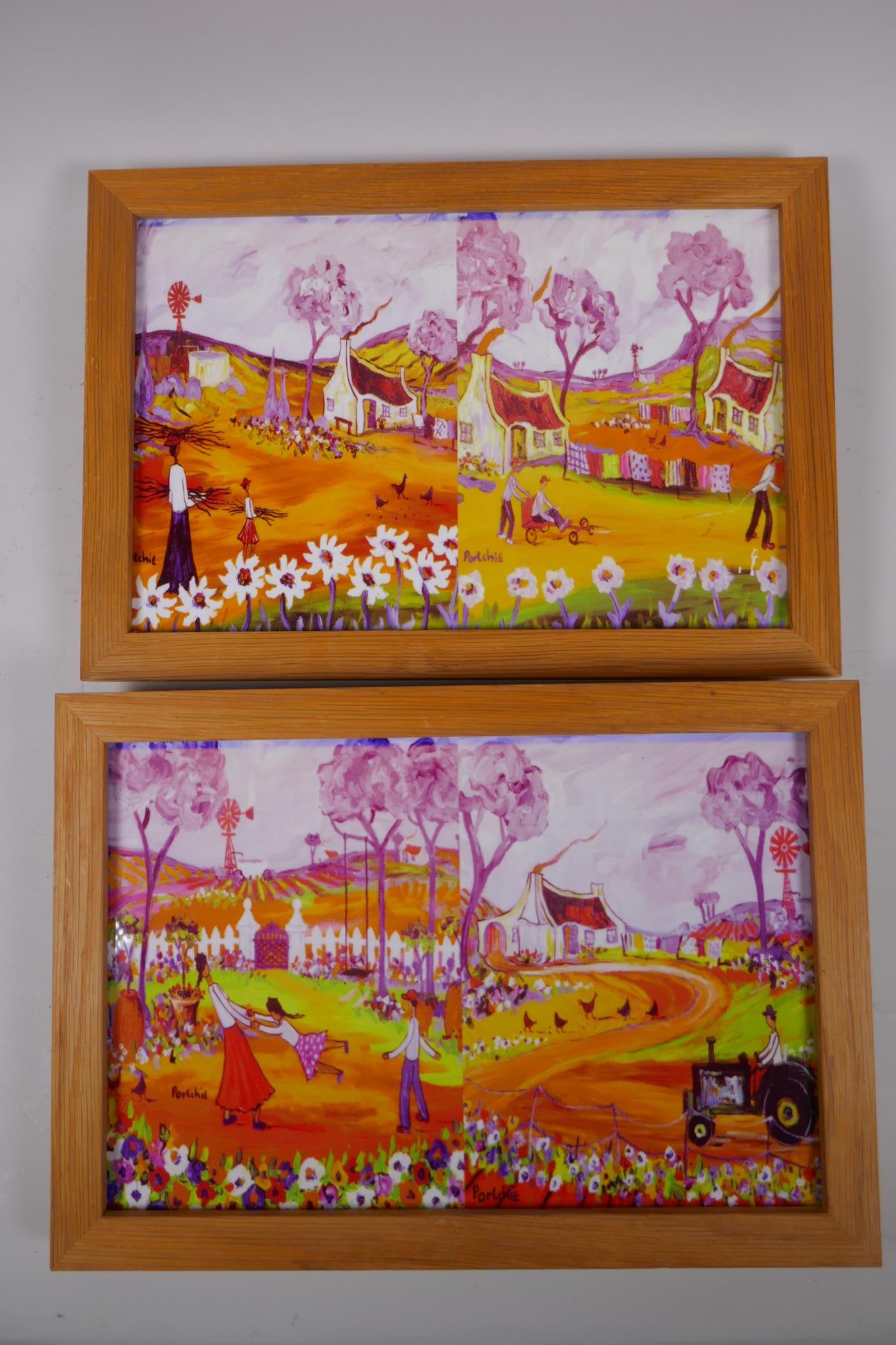Portchie, (South African, b.1963), two printed tile panels depicting four rural paintings, 23 x 33cm