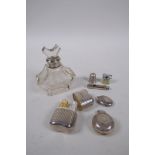 An antique hallmarked silver necked scent bottle and a small collection of silver, silver plate