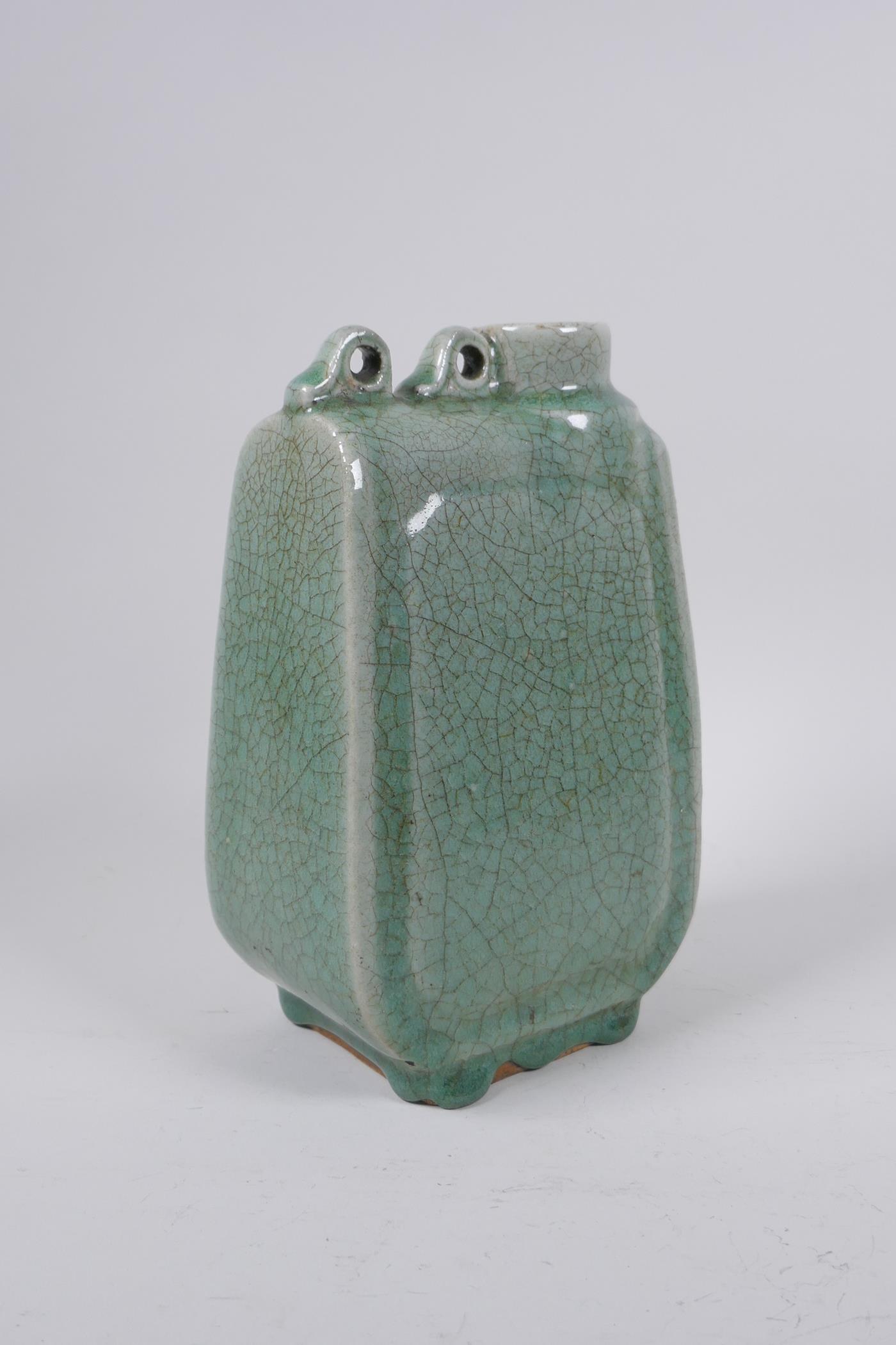 A Chinese celadon crackle glazed porcelain flask, 22cm high - Image 3 of 4