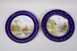 Two Royal Crown Derby cabinet plates with hand painted scenes of High Tor, Matlock and Lion Rock