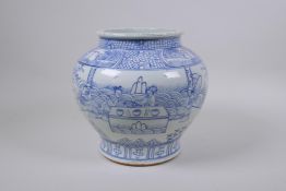 An early C20th Chinese blue and white porcelain jar decorated with figures in a landscape, 22cm