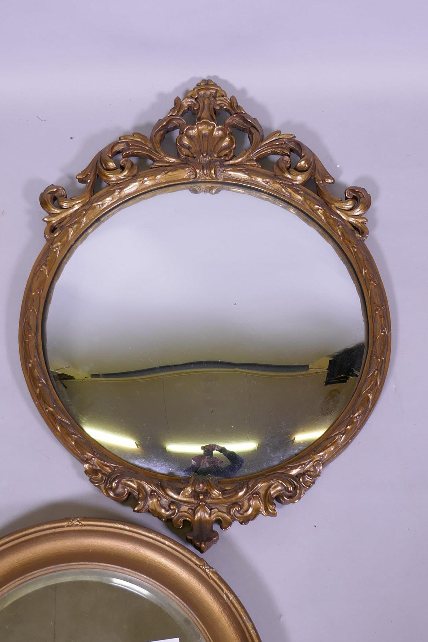 A gilt framed bevelled glass mirror, 40cm diameter, a convex mirror and an Italianate wall mirror - Image 2 of 3