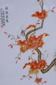 A Chinese polychrome porcelain plaque decorated with an insect on an autumnal branch, 25 x 36cm