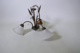 A three branch iron ceiling light formed as bullrushes with glass shades, 38cm high