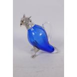 A blue glass and silver plate decanter in the form of a crested cockatoo, with glass eyes, 16cm high
