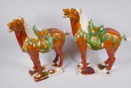 A pair of Chinese pottery Tang style horses, largest 33cm