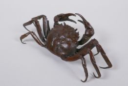 A Japanese bronze okimono crab, 15cm wide