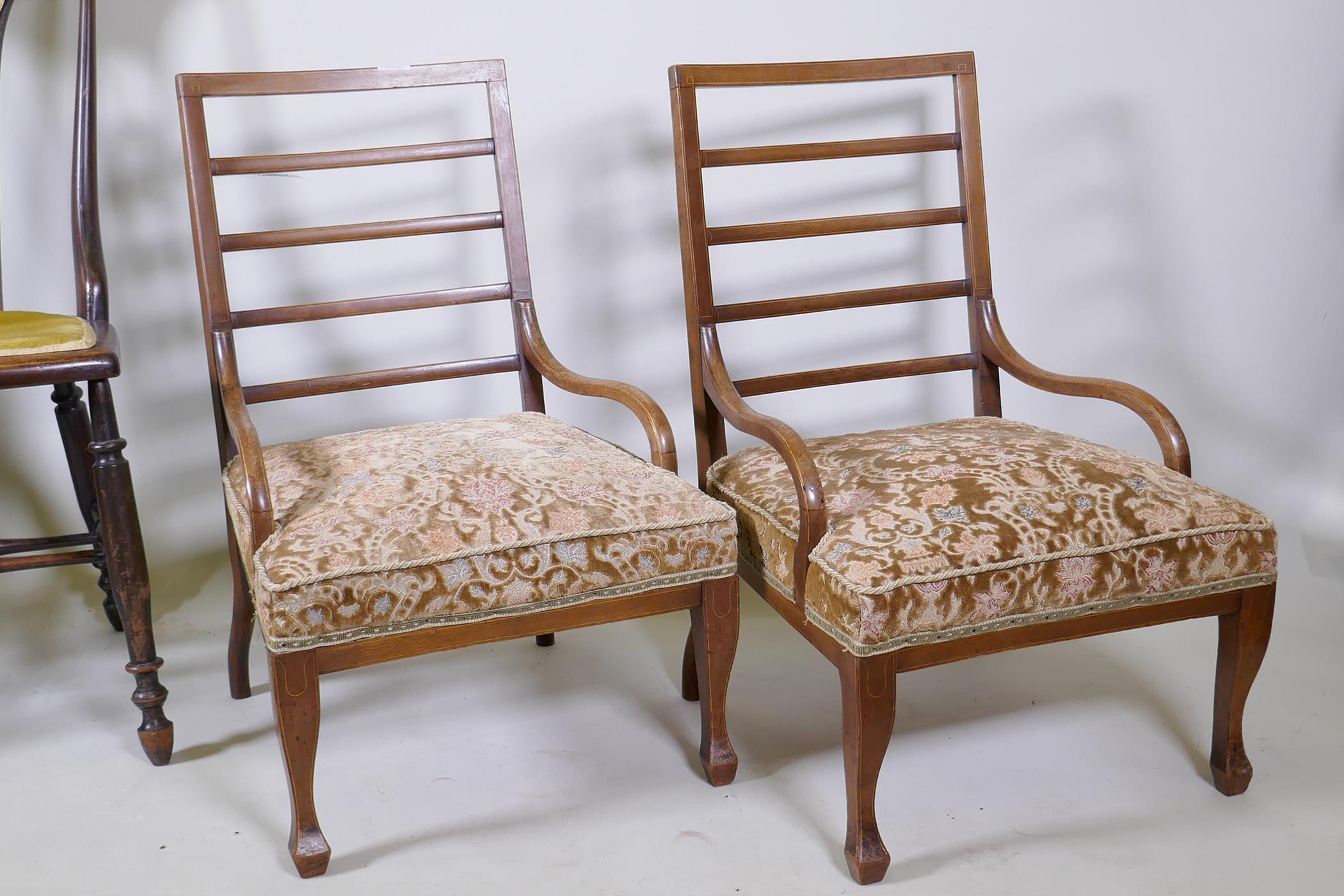 A pair of Art Nouveau stained beechwood side chairs and a pair of Edwardian inlaid walnut bedside/ - Image 2 of 3