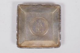 A 1930s Chinese Waikee silver dollar ashtray, in original box, marks to base, 91g, 9 x 9cm