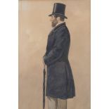 A gentleman in a top hat, C19th watercolour, 15 x 26cm