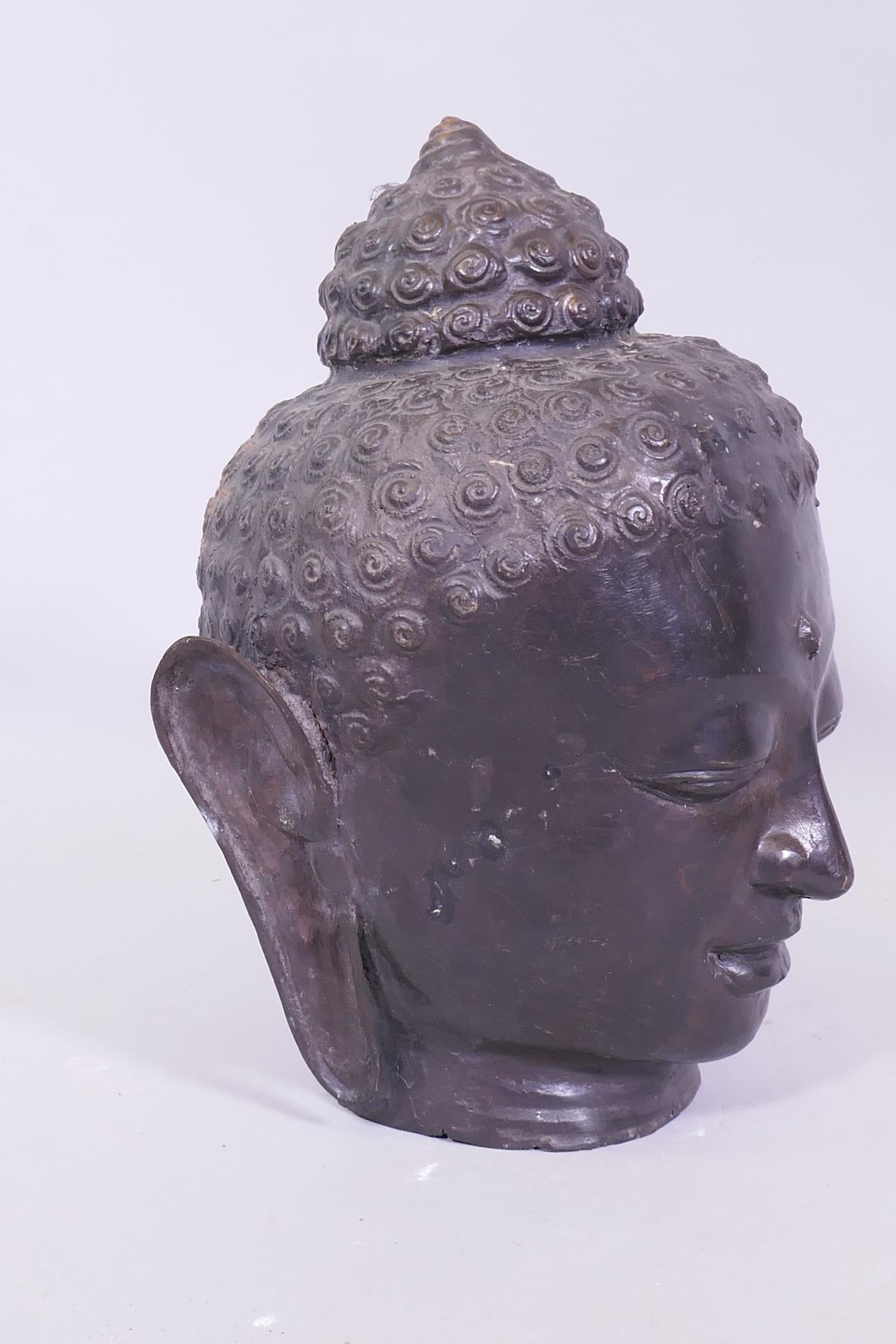A hollow bronze Buddha's head, 30cm high - Image 3 of 5