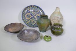 A collection of Middle Eastern antique pottery, lustre glazed bowls, jars and a dish, 29cm diameter,