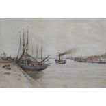Yarmouth quayside with barges and paddle steamer, watercolour, unsigned, 49 x 34cm