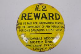 A vintage style enamel AA Reward sign, 30cm diameter