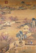 A Chinese printed watercolour scroll depicting figures in an extensive riverside village