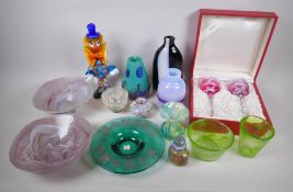 A collection of studio glass: Isle of Wight scent bottle, squat vase and