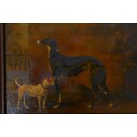 Portrait of a greyhound and terrier in a courtyard, oil on card, late C19th, signed with a