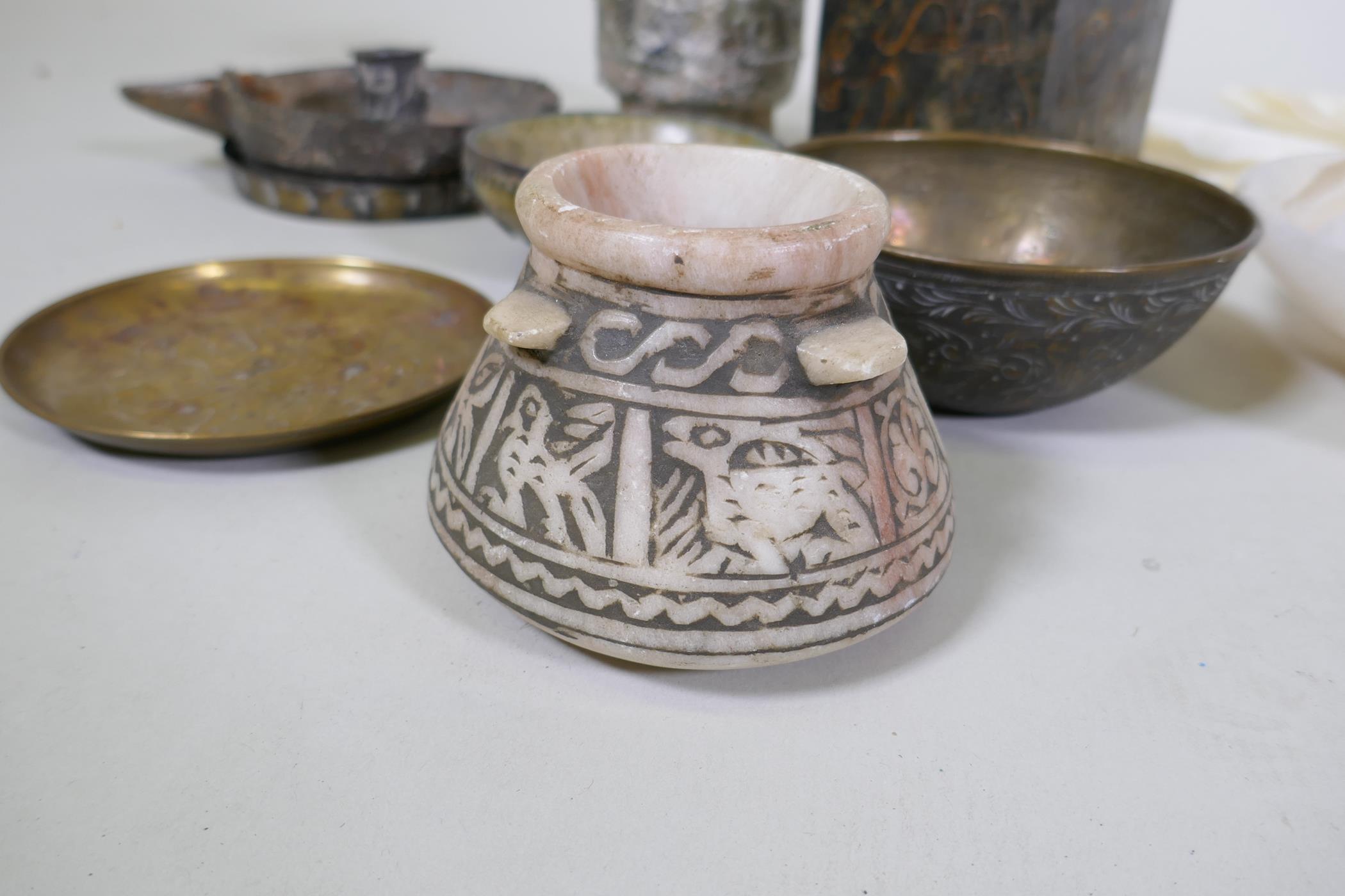 A collection of Middle Eastern alabaster bowls, bronze bowls, carved stone, soapstone etc, glass - Image 4 of 9