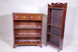 An Edwardian mahogany dwarf bookcase with shaped top and three shelves, 42 x 19 x 120cm, and another