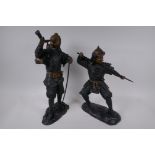 A pair of painted cast bronze figures of Japanese Samurai warriors, 48cm high