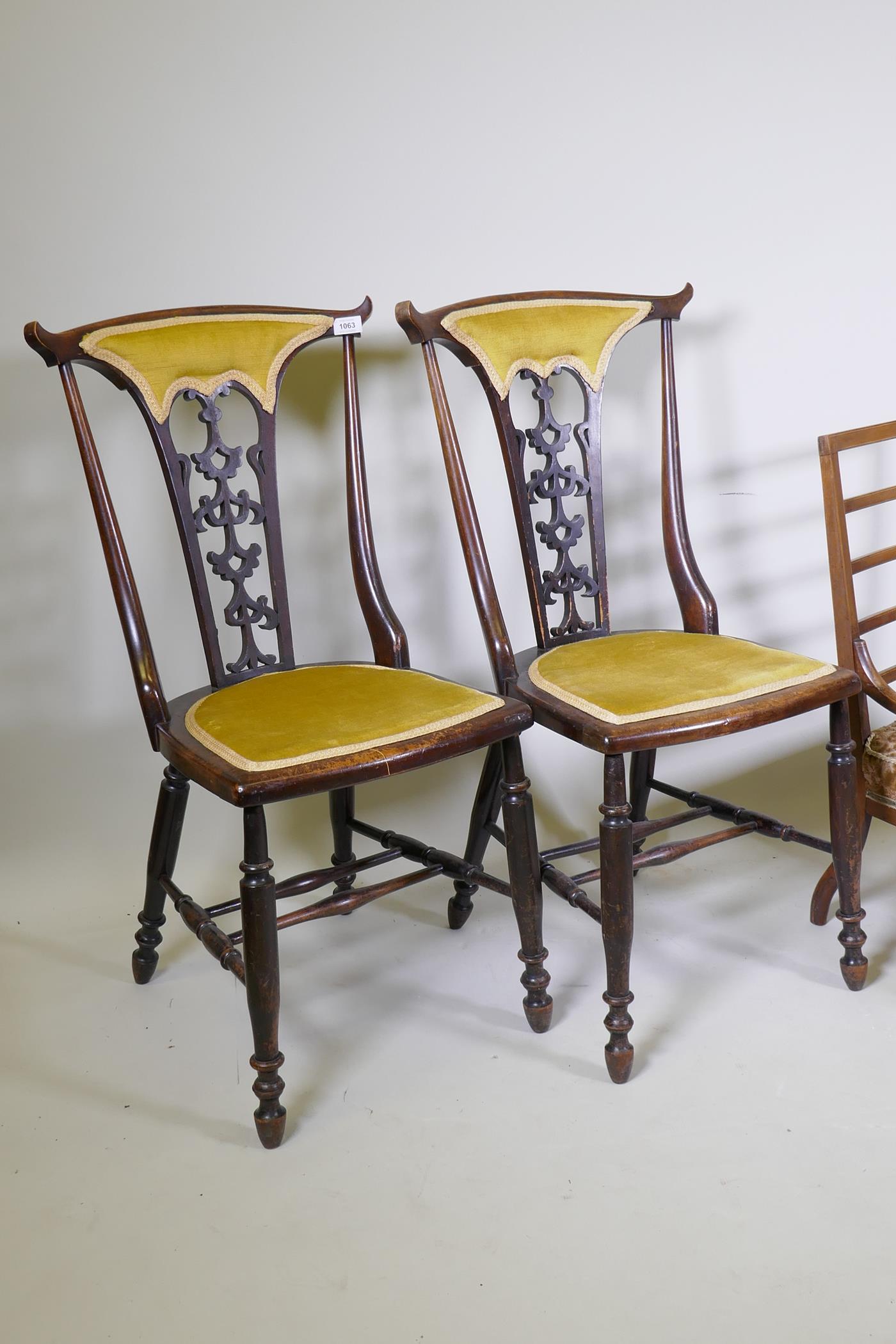 A pair of Art Nouveau stained beechwood side chairs and a pair of Edwardian inlaid walnut bedside/ - Image 3 of 3