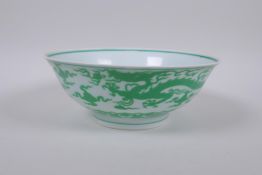 A Chinese porcelain rice bowl with enamelled dragon decoration, Chenghua 6 character mark to base,