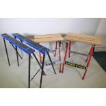 A pair of Draper folding adjustable trestles and two Workmate type folding work benches