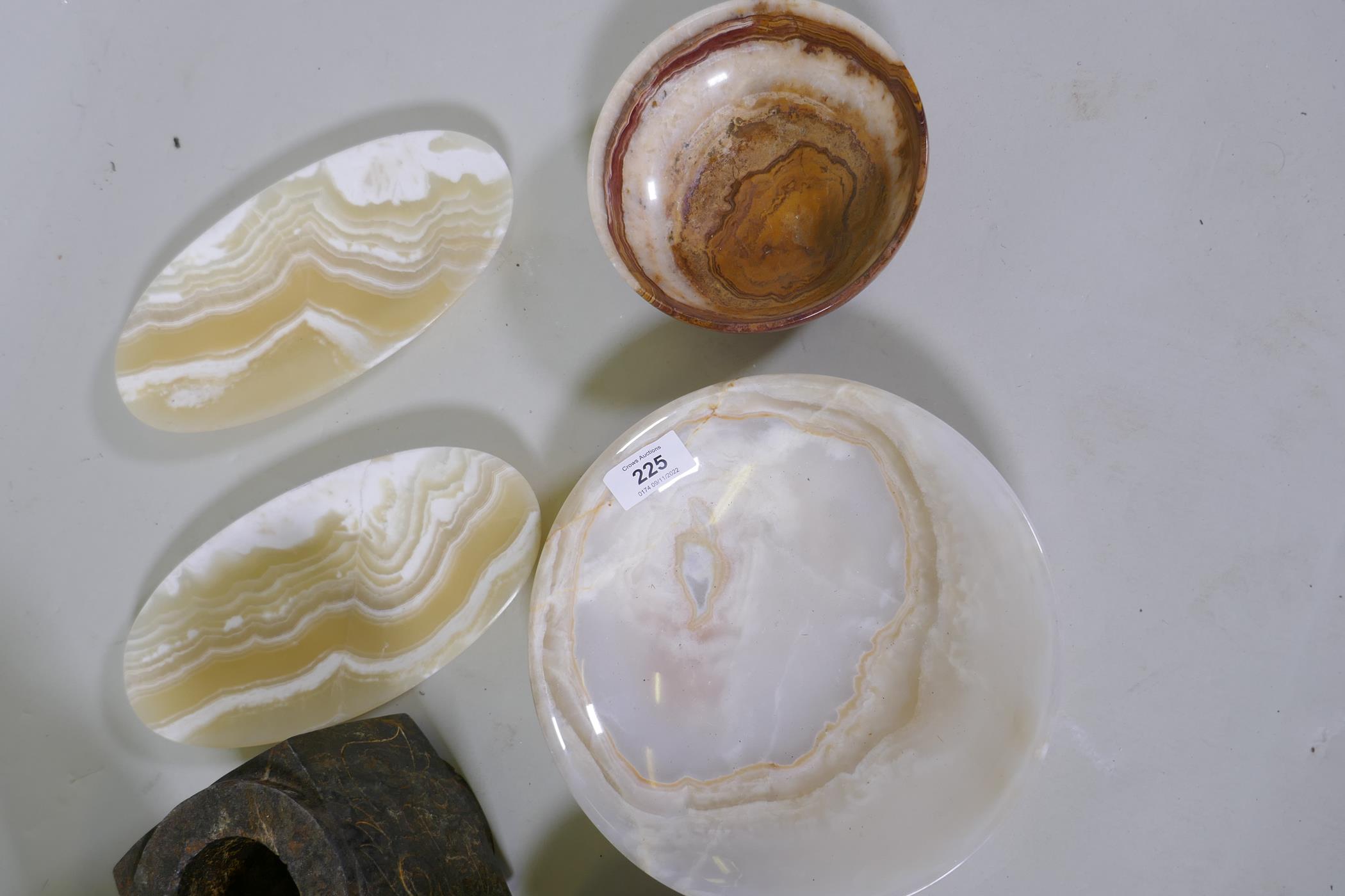 A collection of Middle Eastern alabaster bowls, bronze bowls, carved stone, soapstone etc, glass - Image 3 of 9