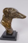 A stylised bronze head bust of a greyhound, on a square plinth