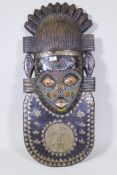 African carved wood wall mask, inset with brass and beads