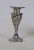 A hallmarked silver vase, Birmingham 1958, engraved with a dedication, 18cm high