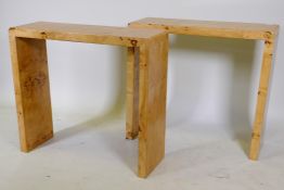 A pair of contemporary burr walnut veneered console tables, AF, 90 x 30 x 80cm