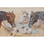 W. Smith, horses and Jack Russell terriers at a drinking trough, watercolour, signed and dated ,
