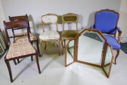 A pair of late C19th French carved giltwood side chairs, a pair of Regency mahogany side chairs with