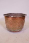 Antique copper log bin and three fireside tools, 50cm diameter x 33cm