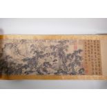 A Chinese printed watercolour scroll depicting an extensive monochrome river landscape and character