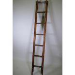 An antique pine two section extending ladder, 213cm closed