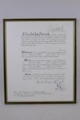 A 1975 O.B.E. certificate presented by Elizabeth II to Miss Elizabeth Ada Gee, 32 x 38cm