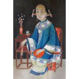 A C19th Chinese painting on glass of a seated lady, 40 x 60cm