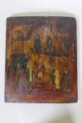 A Romanian icon, painted on a pine/poplar support, distressed, probably early C19th, 33 x 38cm