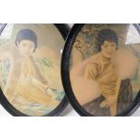 A pair of oval framed Japanese portrait prints of young women, 58 x 42cm